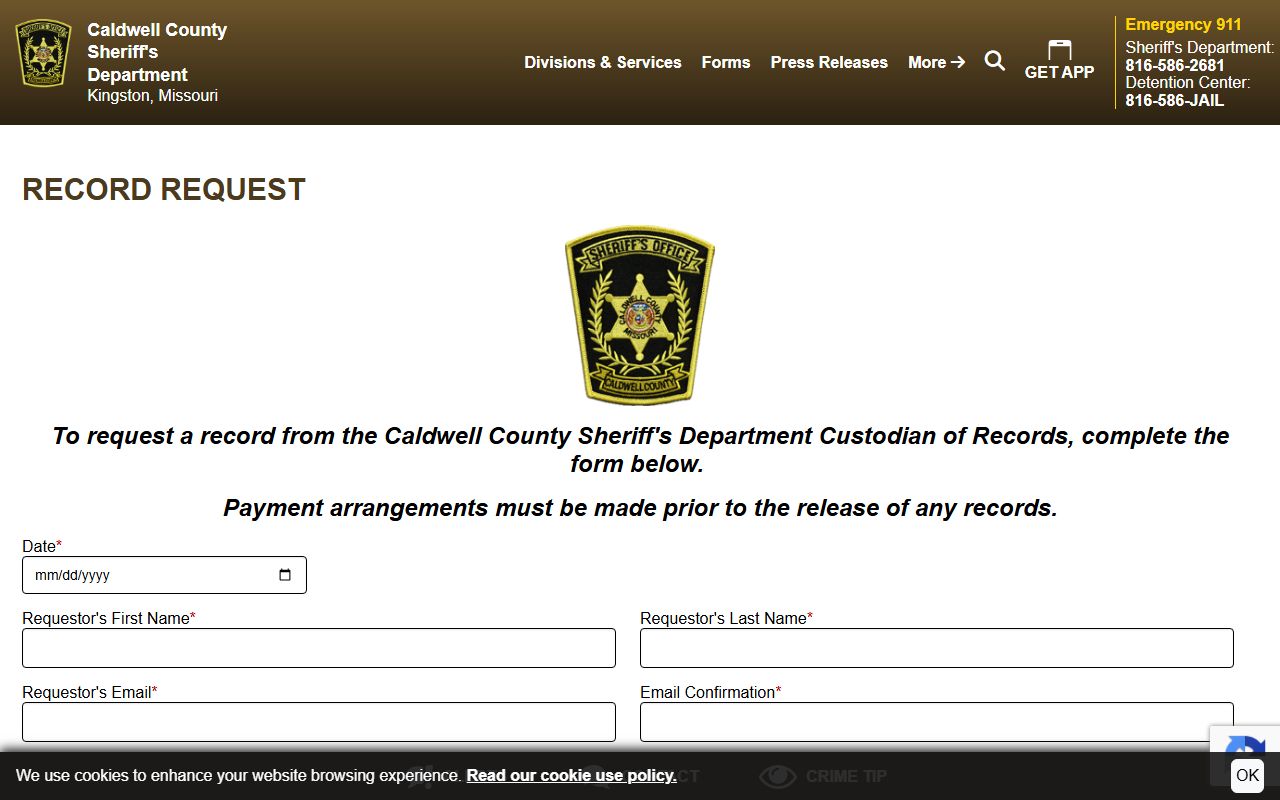 Caldwell County Circuit Clerk records request fields and sheriff record request form