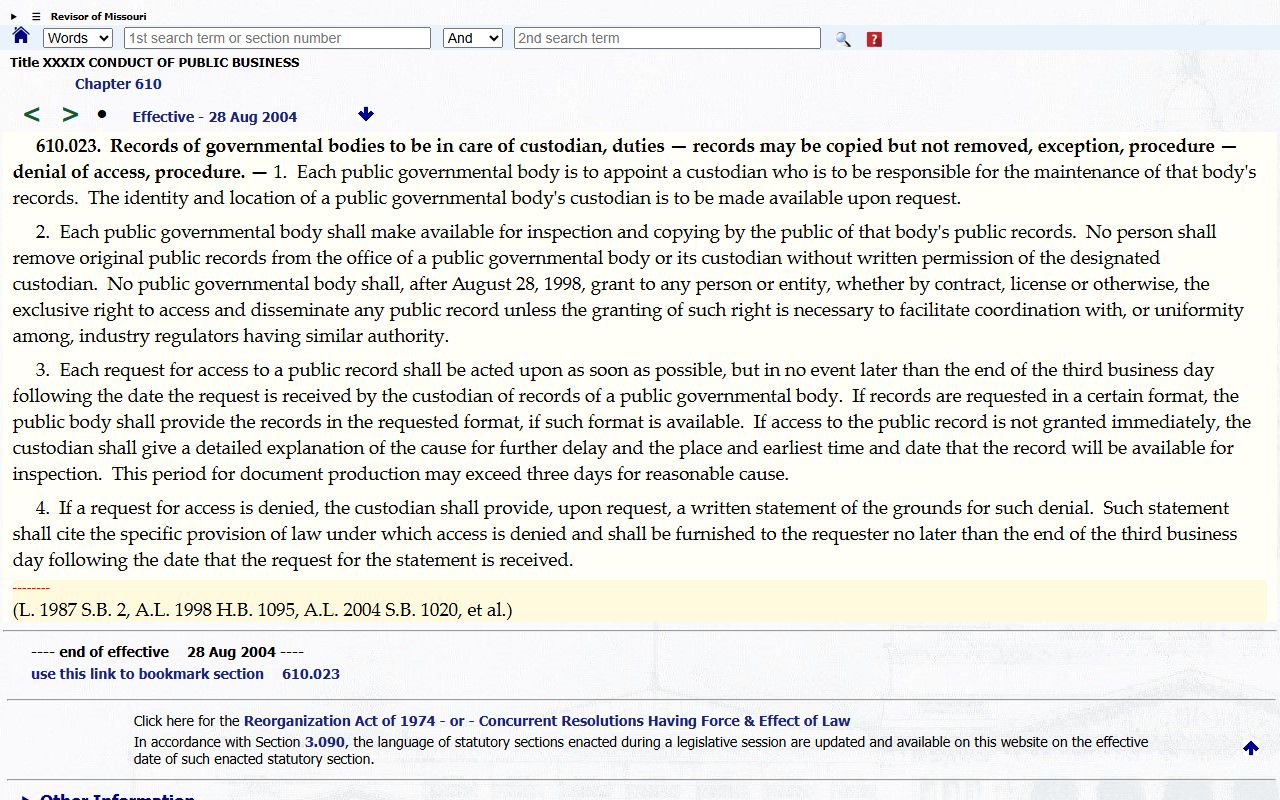 Caldwell County court records Missouri custodian response statute