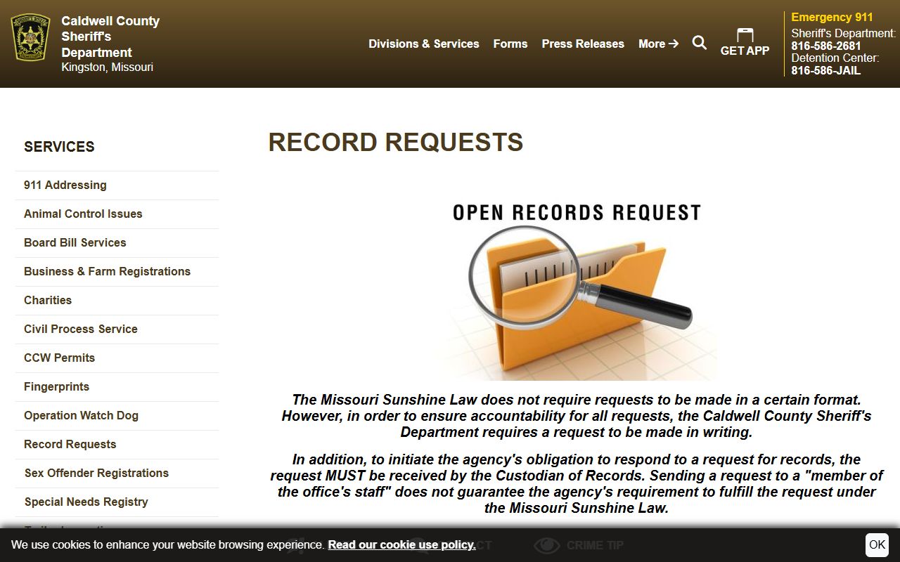 Caldwell County court records and sheriff records request policy