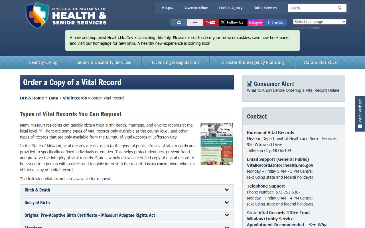 Caldwell County probate records Missouri DHSS vital record copy guidance