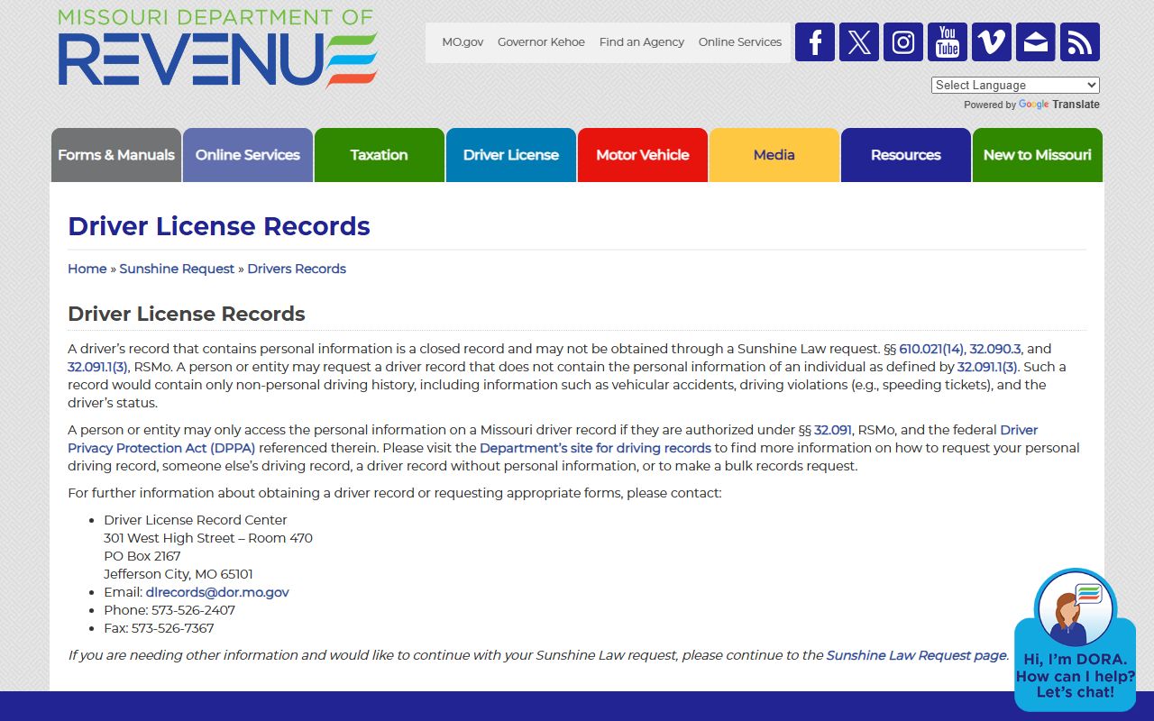 Caldwell County traffic court records Missouri DOR Sunshine driver record access